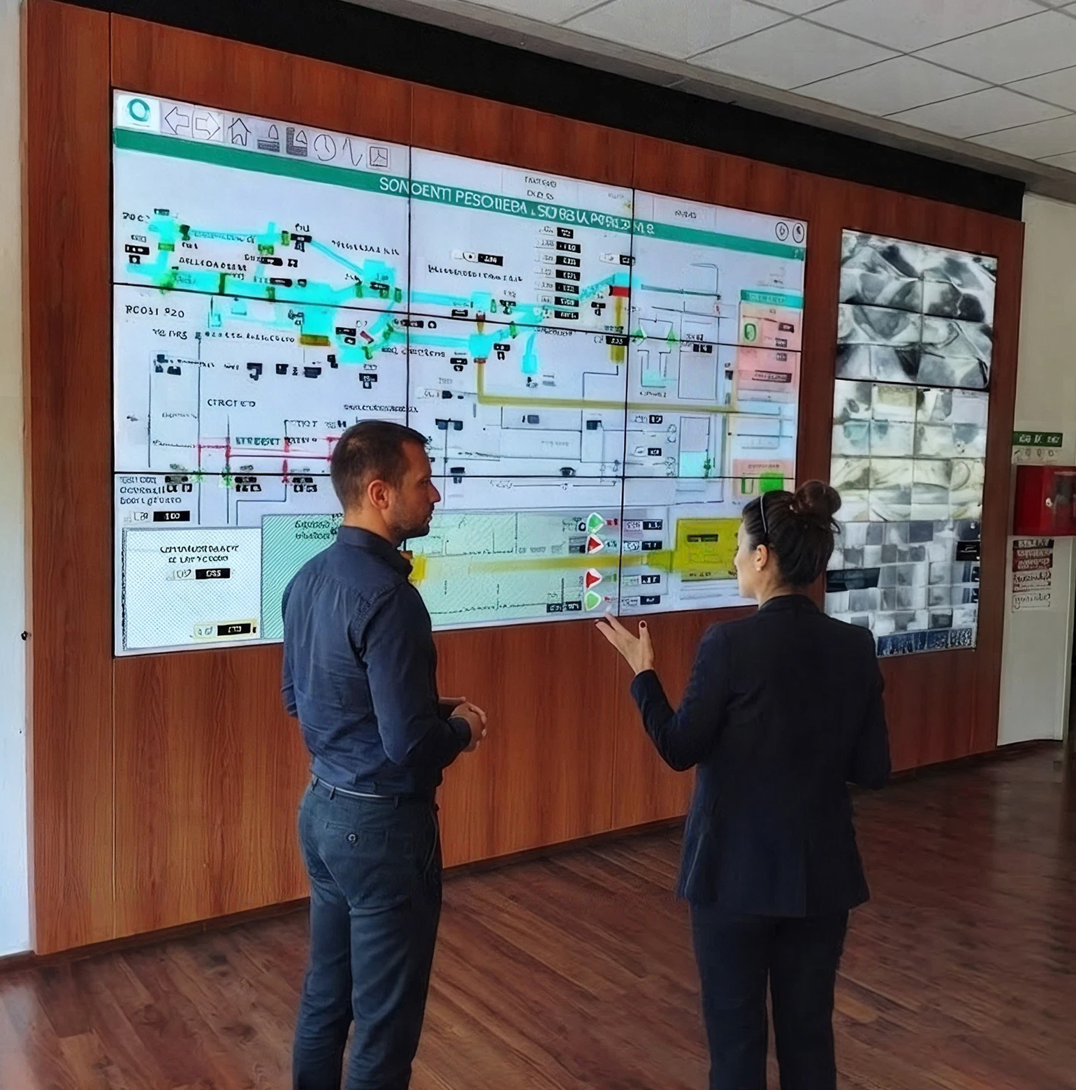 Uomo indica uno schermo con diagrammi e controlli industriali