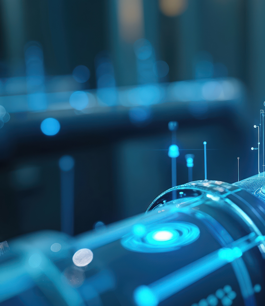 Tubo con interfaccia digitale olografica che mostra dati e schemi