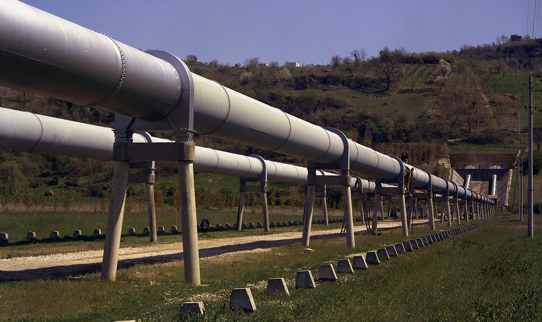 Doppia condotta aerea dell'Acquedotto Peschiera sostenuta da pilastri in cemento, che attraversa un paesaggio collinare verde. Sullo sfondo si intravede l'imbocco di una galleria. Anno 1980.
