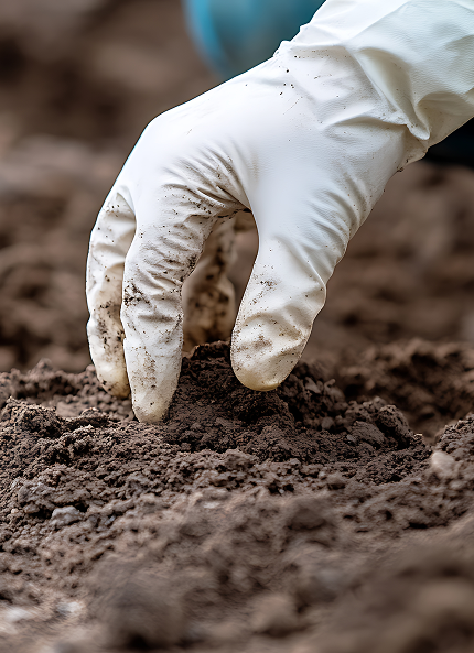 La mano di un tecnico affonda le dita nella terra riqualificata